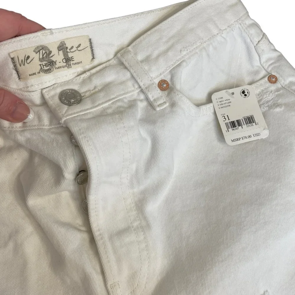 Free people lasso optic white denim jean distressed cuff raw hem shorts 31‎ NWT